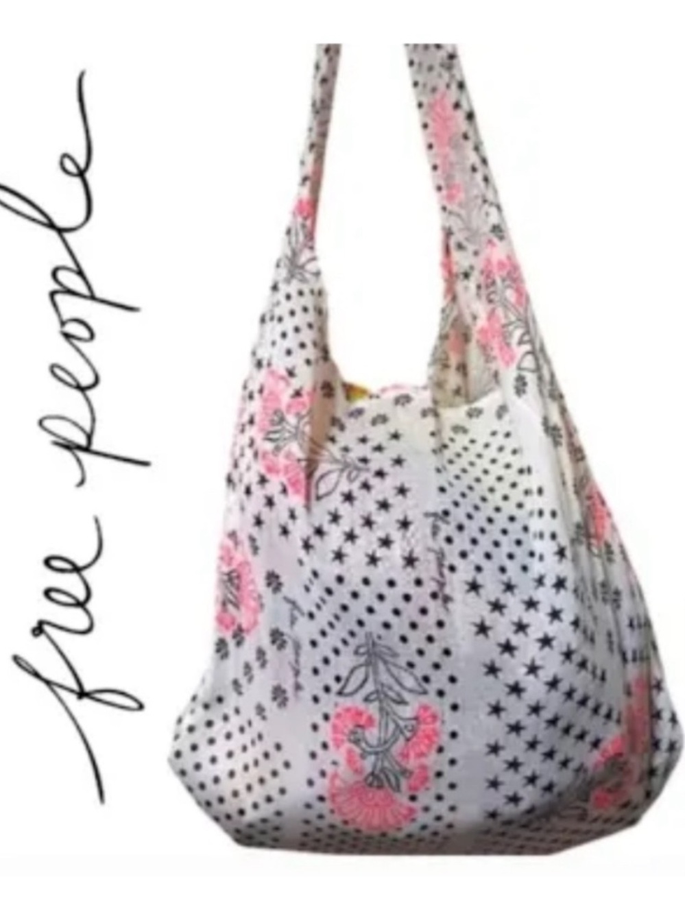 FREE PEOPLE FLORAL COTTON LARGE BOHO TOTE BAG GREAT FOR BEACH TRAVELING